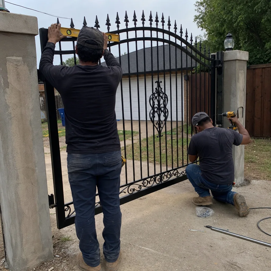 Two men installing a black wrought iron driveway gate.