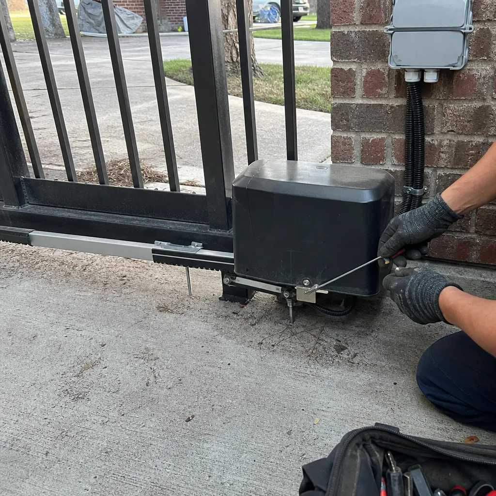 Technician performing professional maintenance and repair on a sliding gate motor