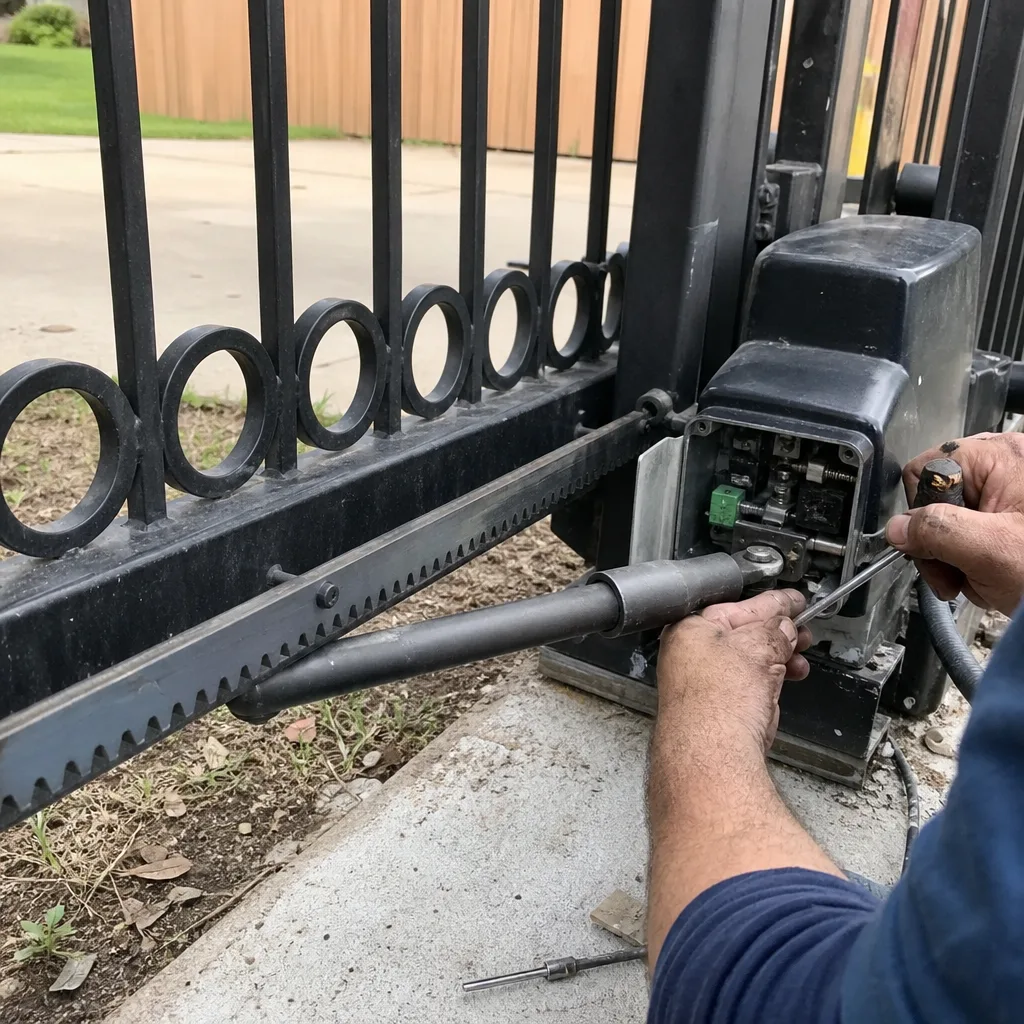 Technician performing automatic gate motor repair and maintenance service