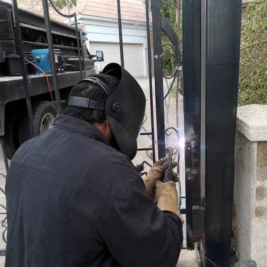 Welder performing professional metal gate repair and maintenance