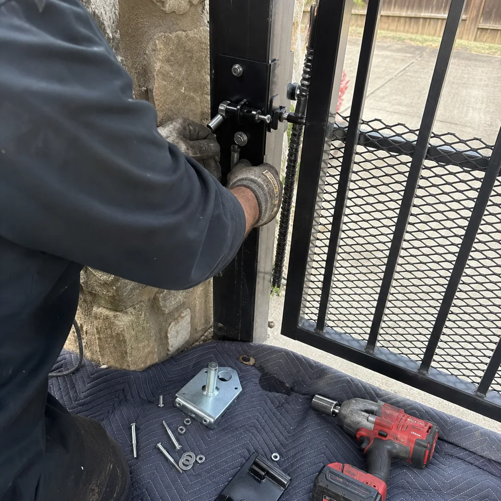 Technician performing professional gate repair and hardware installation on iron gate