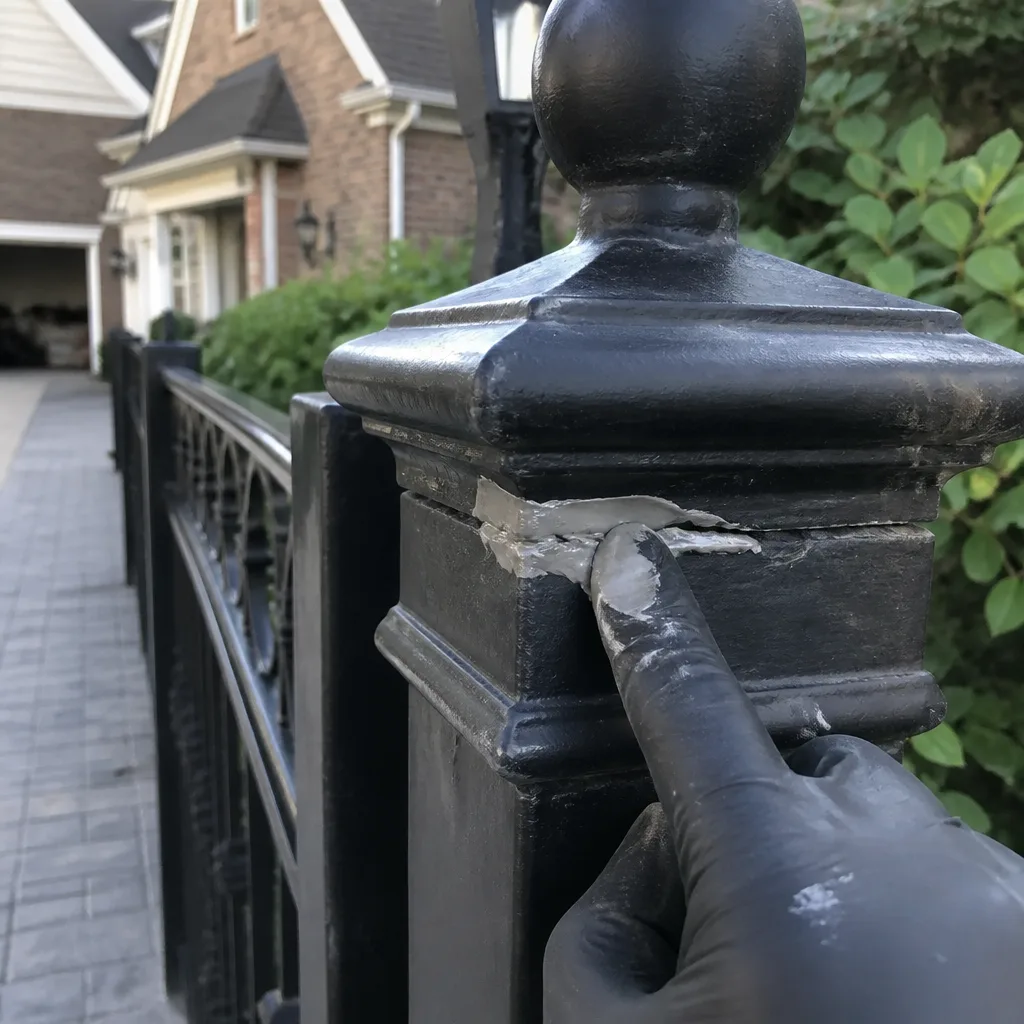 Professional repairing a metal fence post with sealant for gate maintenance